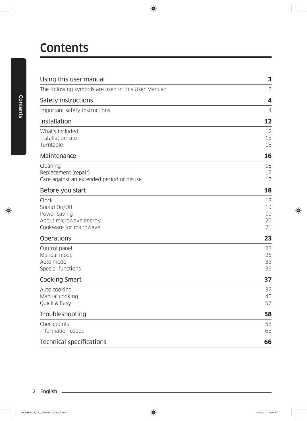 Samsung MC35J8088LT/ZA manual Contents 