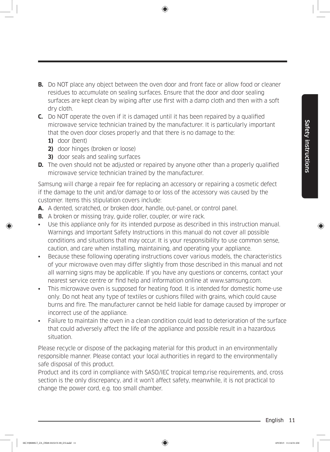 Samsung MC35J8088LT/ZA manual Safety instructions 