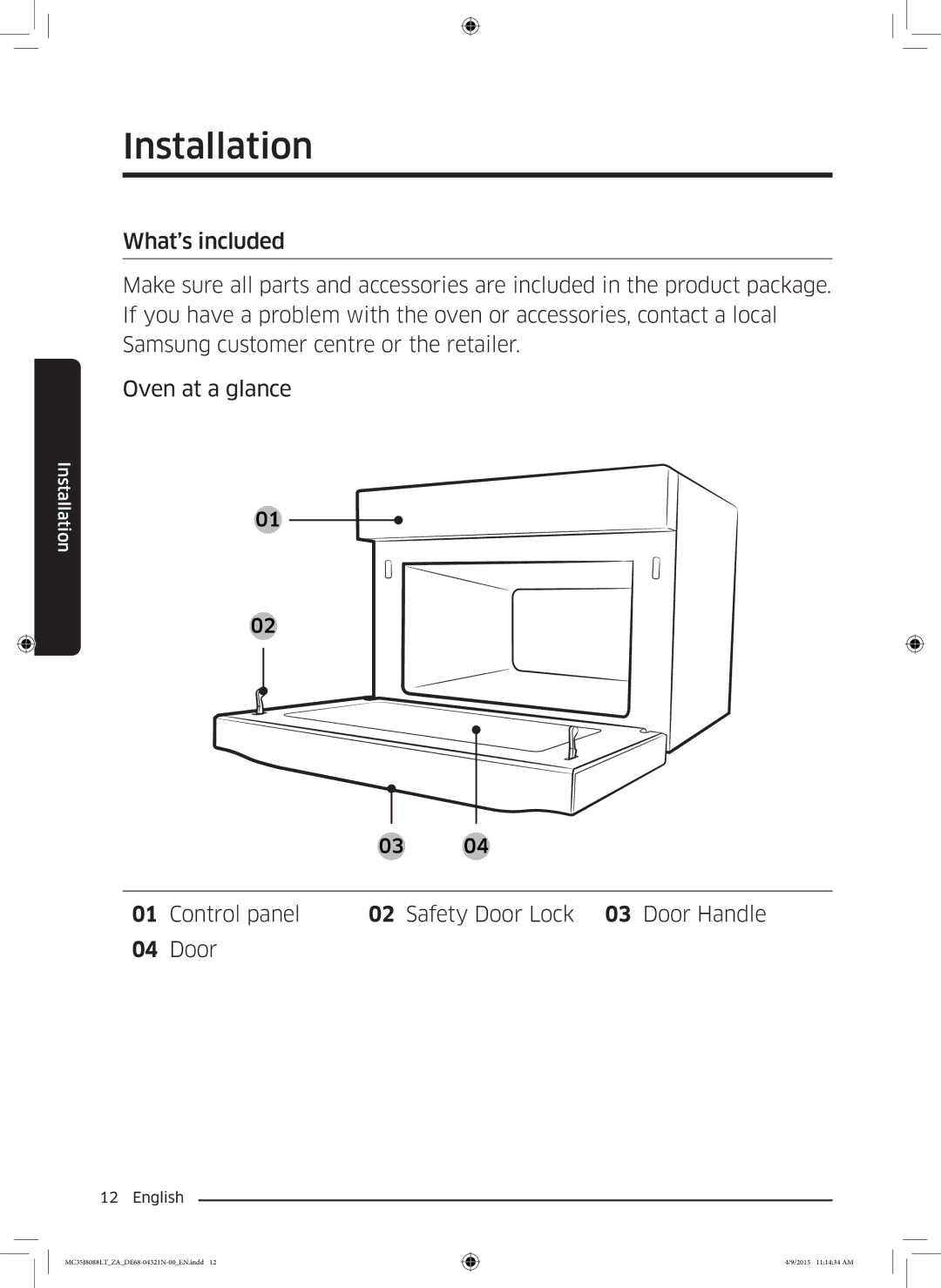 Samsung MC35J8088LT/ZA manual Installation, Control panel Safety Door Lock 03 Door Handle 