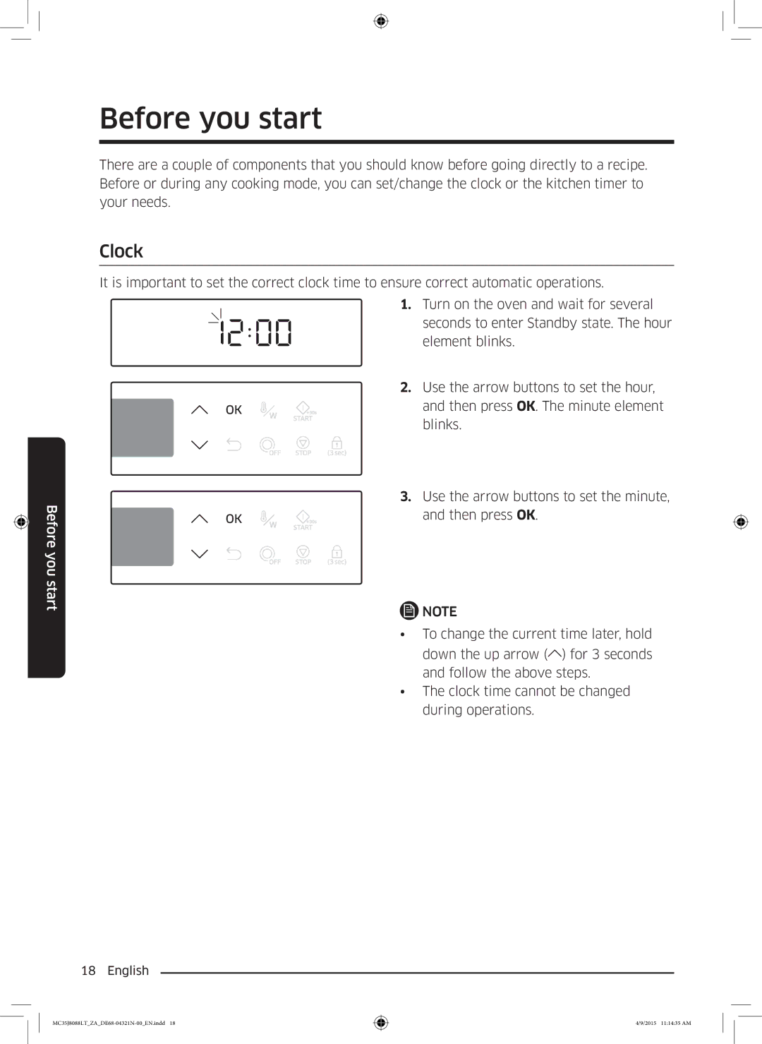 Samsung MC35J8088LT/ZA manual Before you start, Clock 