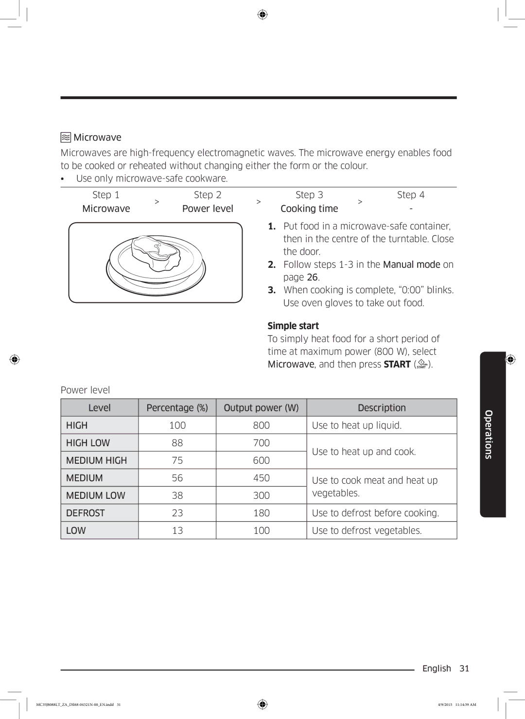 Samsung MC35J8088LT/ZA manual Simple start 