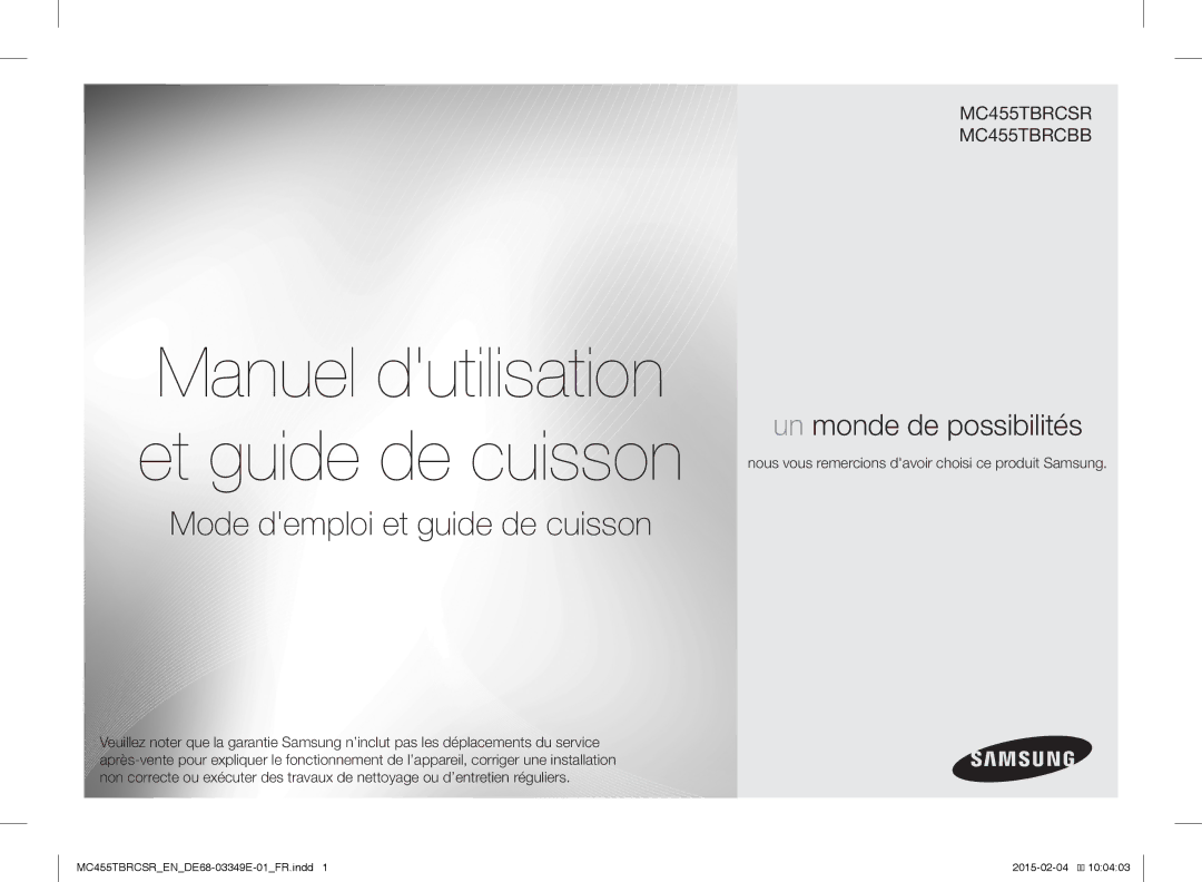 Samsung MC455TBRCSR/EN, MC455TBRCBB/EN manual Manuel dutilisation et guide de cuisson 