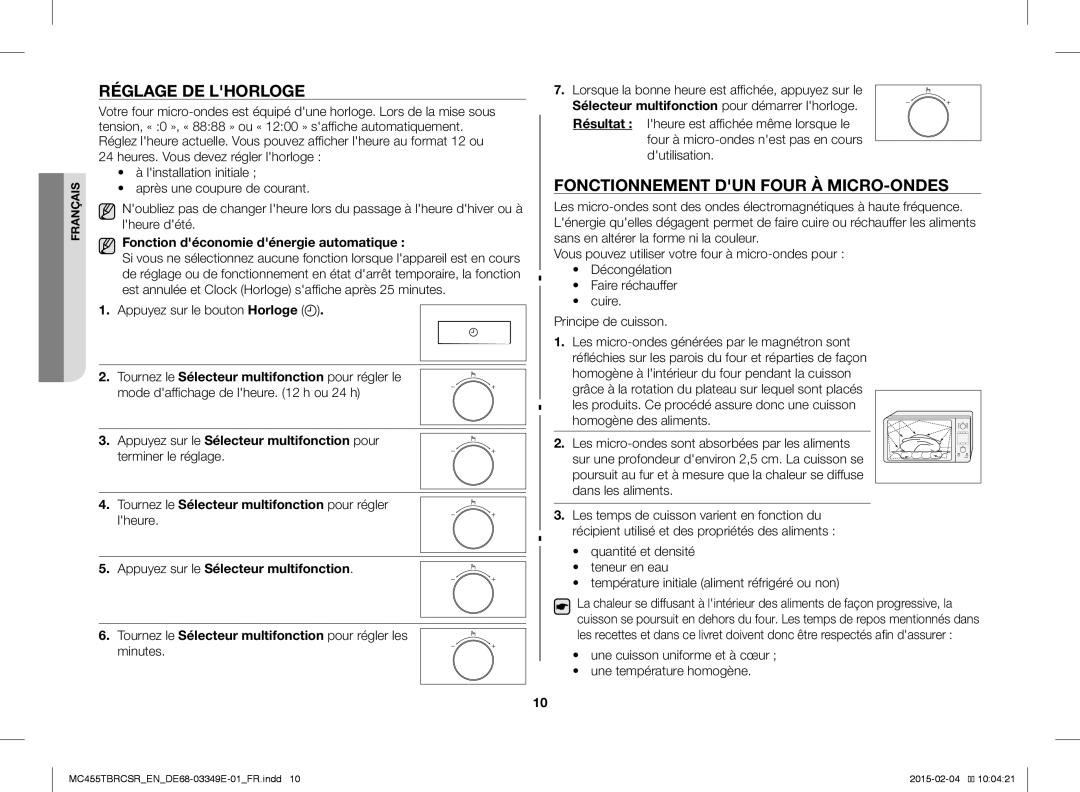 Samsung MC455TBRCBB/EN, MC455TBRCSR/EN manual Réglage DE Lhorloge, Fonctionnement DUN Four À MICRO-ONDES 