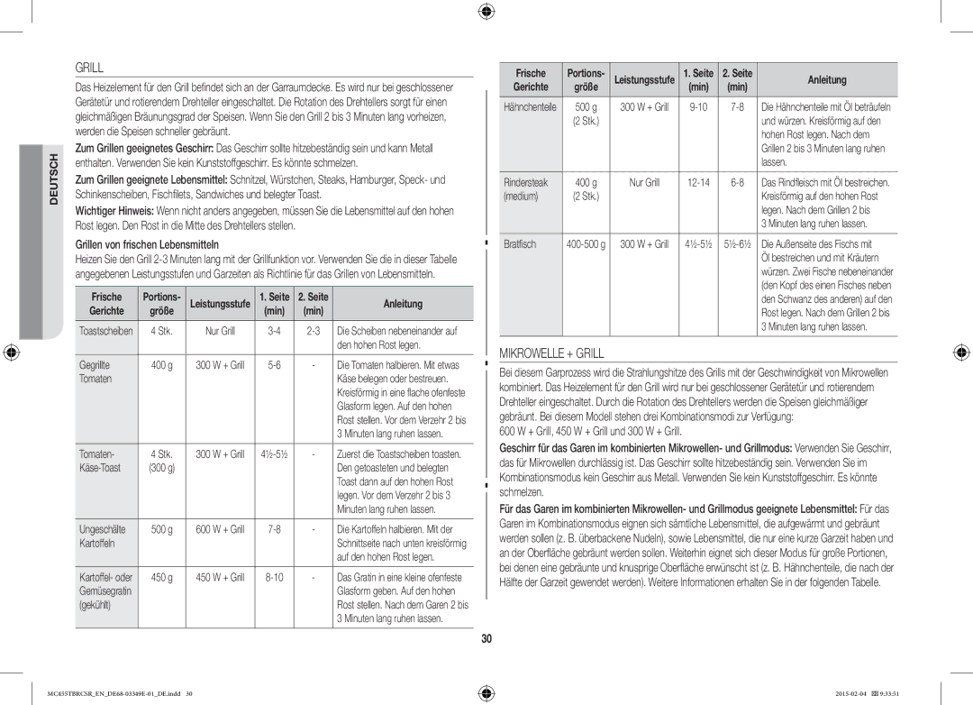 Samsung MC455TBRCBB/EN, MC455TBRCSR/EN manual Mikrowelle + Grill, Grillen von frischen Lebensmitteln, Frische, Gerichte 
