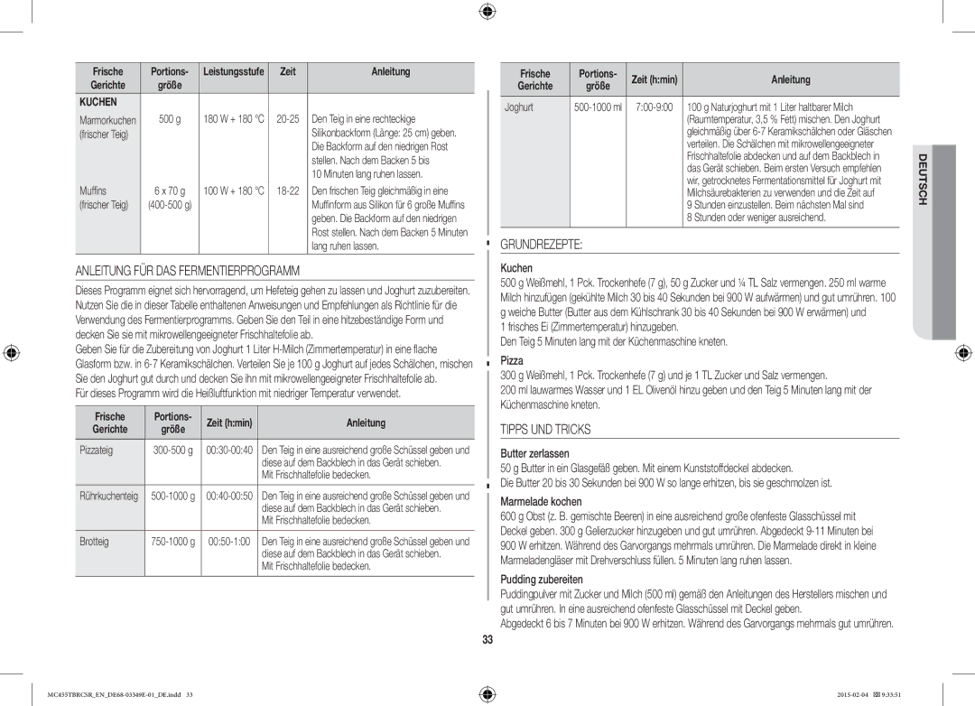 Samsung MC455TBRCSR/EN, MC455TBRCBB/EN manual Anleitung FÜR DAS Fermentierprogramm, Grundrezepte, Tipps UND Tricks 