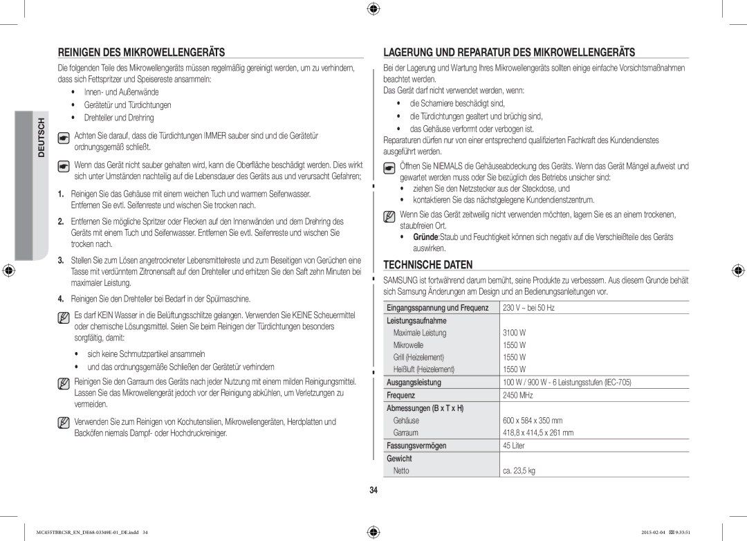 Samsung MC455TBRCBB/EN Reinigen DES Mikrowellengeräts, Lagerung UND Reparatur DES Mikrowellengeräts, Technische Daten 