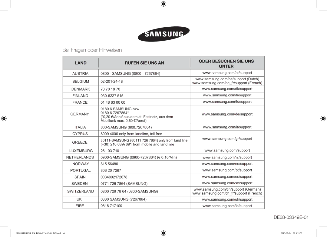 Samsung MC455TBRCBB/EN manual 70 70 19, 030-6227, 01 48 63 00 0180 6 Samsung bzw, 261 03, 815, 808 20, 0034902172678, 0818 