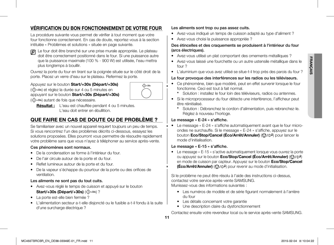 Samsung MC455TBRCSR/EN QUE Faire EN CAS DE Doute OU DE Problème ?, Start/+30s Départ/+30s ?, Le message « E-15 » saffiche 