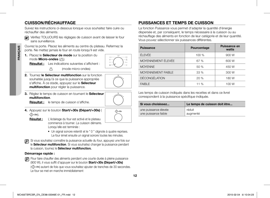 Samsung MC455TBRCBB/EN manual Cuisson/Réchauffage, Puissances ET Temps DE Cuisson, Multifonction, Démarrage rapide 