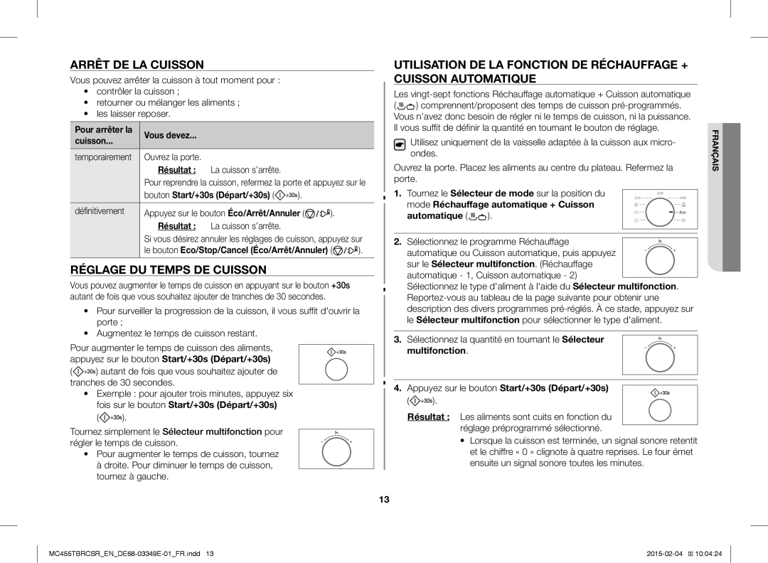 Samsung MC455TBRCSR/EN, MC455TBRCBB/EN Arrêt DE LA Cuisson, Réglage DU Temps DE Cuisson, Vous devez Cuisson, Automatique 