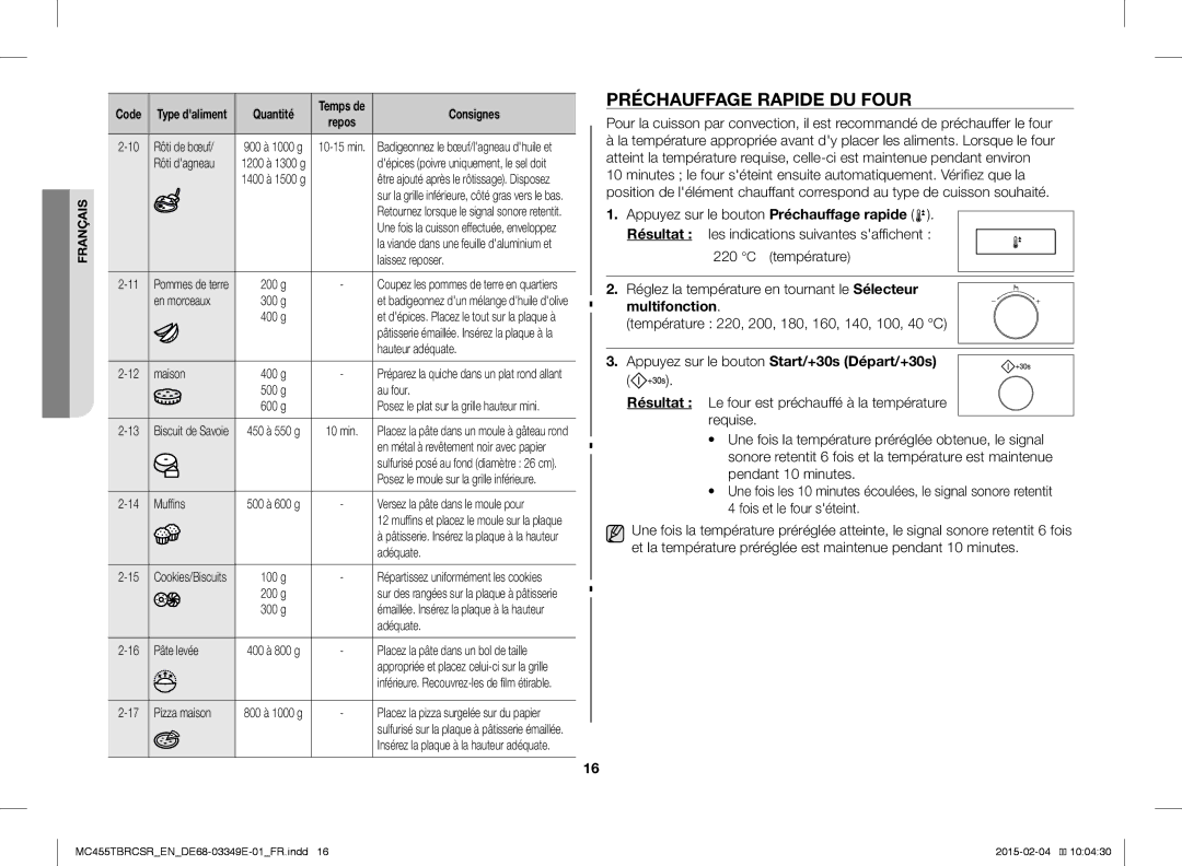 Samsung MC455TBRCBB/EN, MC455TBRCSR/EN manual Préchauffage Rapide DU Four 