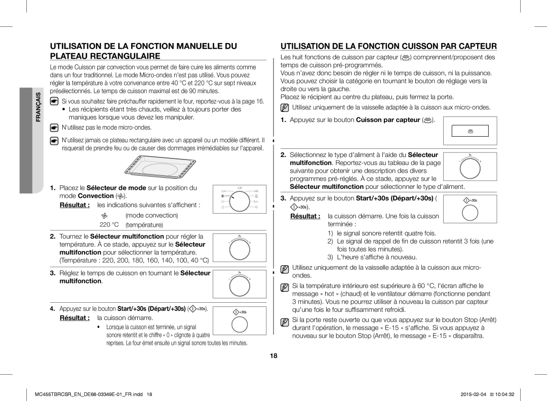 Samsung MC455TBRCBB/EN Utilisation DE LA Fonction Cuisson PAR Capteur, Réglez le temps de cuisson en tournant le Sélecteur 