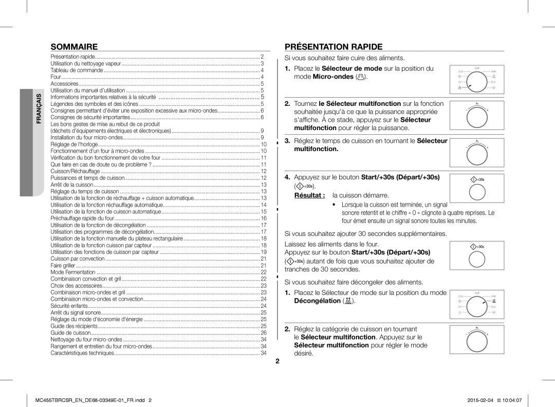 Samsung MC455TBRCBB/EN manual Sommaire, Présentation Rapide, Appuyez sur le bouton Start/+30s Départ/+30s, Décongélation 