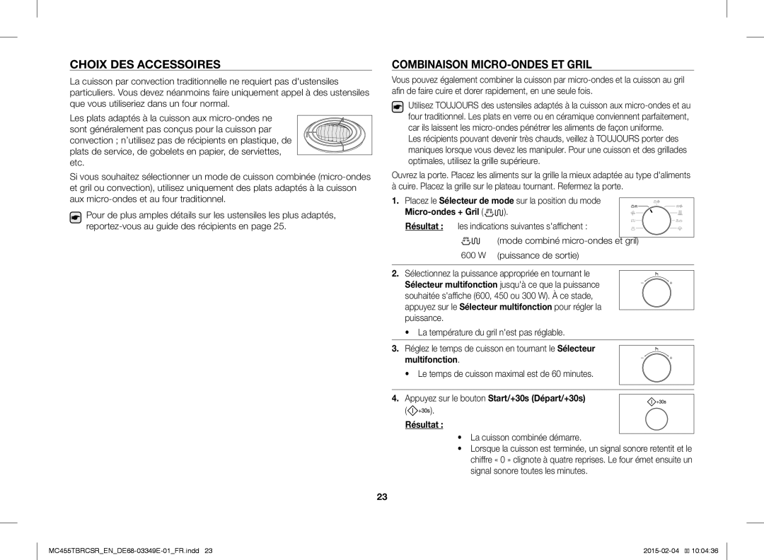 Samsung MC455TBRCSR/EN, MC455TBRCBB/EN manual Choix DES Accessoires, Combinaison MICRO-ONDES ET Gril, Micro-ondes + Gril 