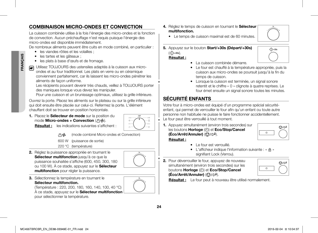 Samsung MC455TBRCBB/EN, MC455TBRCSR/EN Combinaison MICRO-ONDES ET Convection, Sécurité Enfants, Sélecteur multifonction 