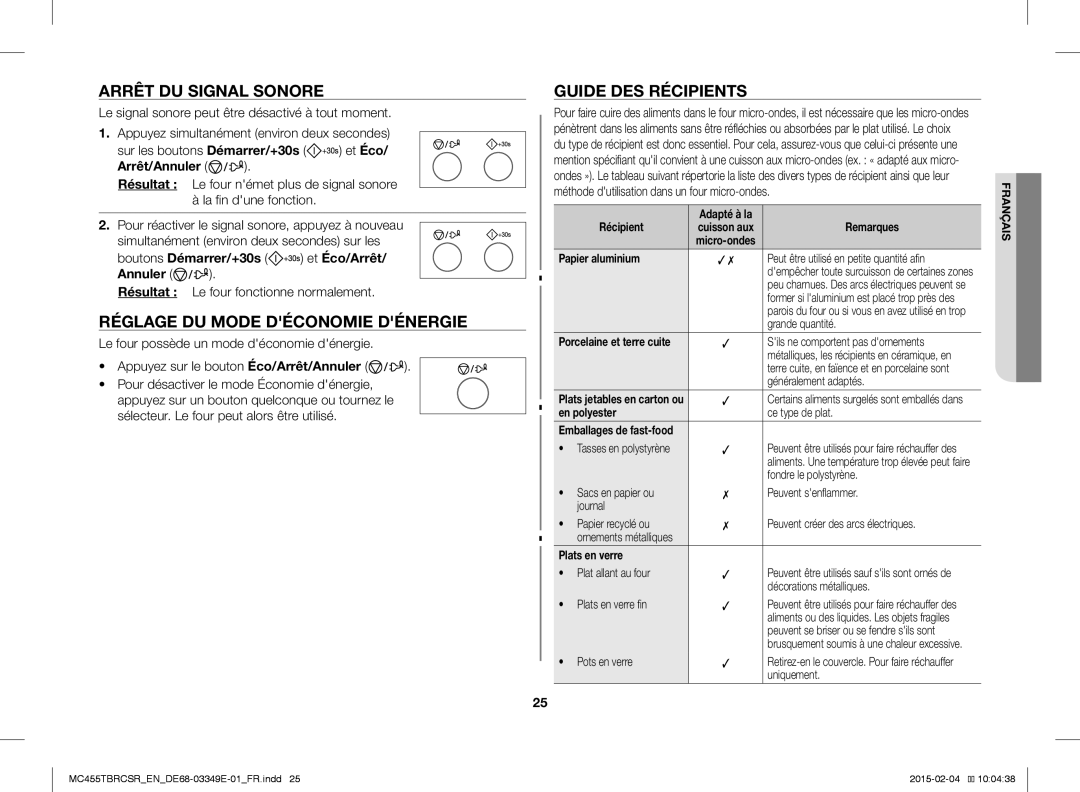 Samsung MC455TBRCSR/EN Arrêt DU Signal Sonore, Réglage DU Mode Déconomie Dénergie, Guide DES Récipients, Arrêt/Annuler 