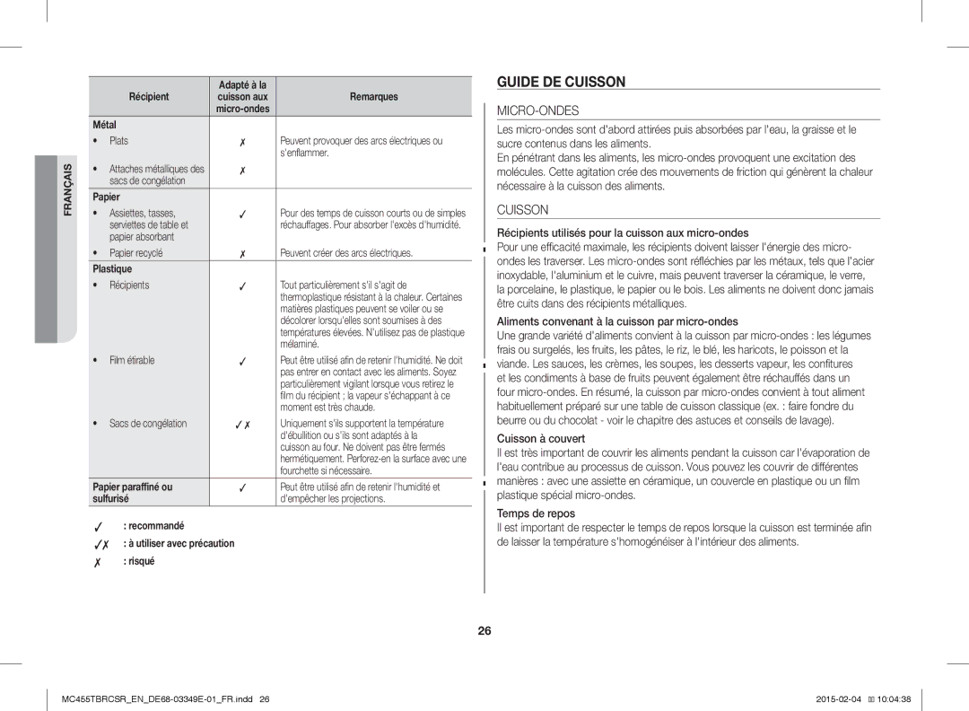 Samsung MC455TBRCBB/EN, MC455TBRCSR/EN manual Guide DE Cuisson, Micro-Ondes 