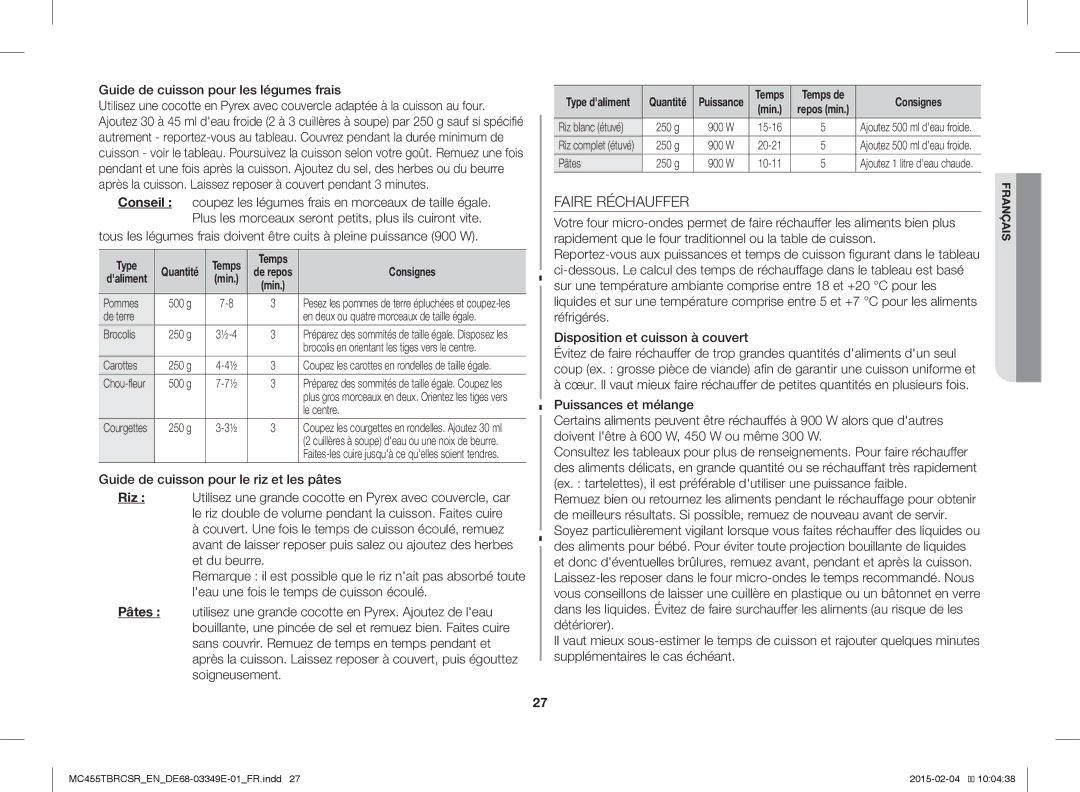 Samsung MC455TBRCSR/EN, MC455TBRCBB/EN manual Faire Réchauffer, Guide de cuisson pour les légumes frais, Temps 