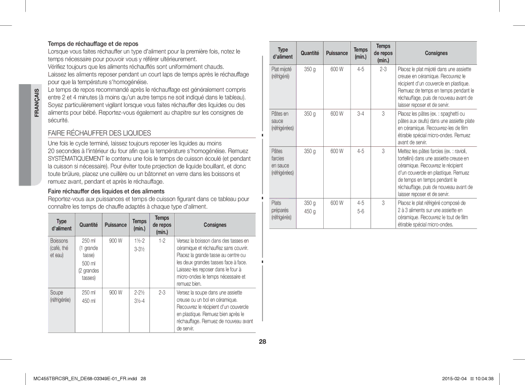 Samsung MC455TBRCBB/EN, MC455TBRCSR/EN manual Faire Réchauffer DES Liquides, Temps de réchauffage et de repos 