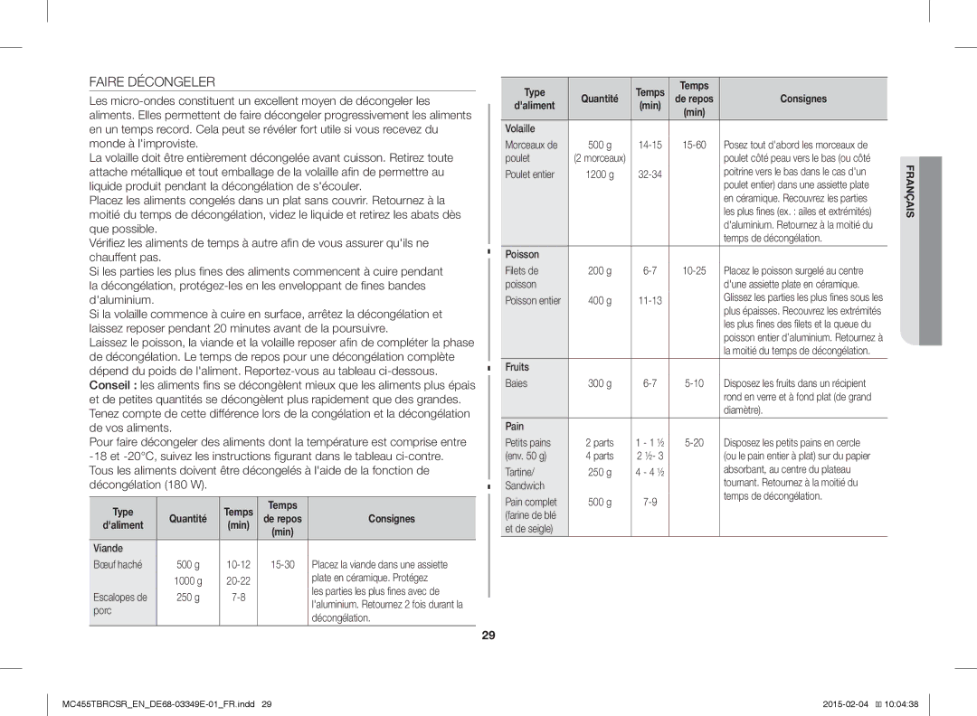 Samsung MC455TBRCSR/EN, MC455TBRCBB/EN manual Faire Décongeler, Daliment 