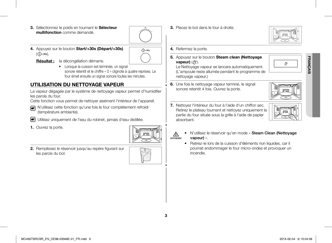 Samsung MC455TBRCSR/EN, MC455TBRCBB/EN manual Utilisation DU Nettoyage Vapeur, Vapeur » 