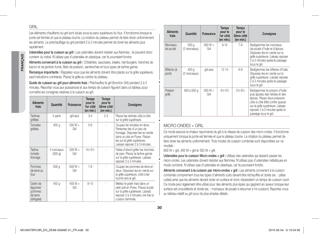Samsung MC455TBRCBB/EN, MC455TBRCSR/EN manual MICRO-ONDES + Gril, 600 W + gril, 450 W + gril et 300 W + gril, Frais 