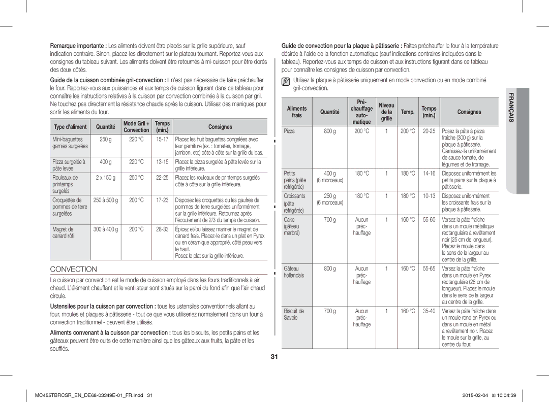 Samsung MC455TBRCSR/EN, MC455TBRCBB/EN manual Convection, Pré 