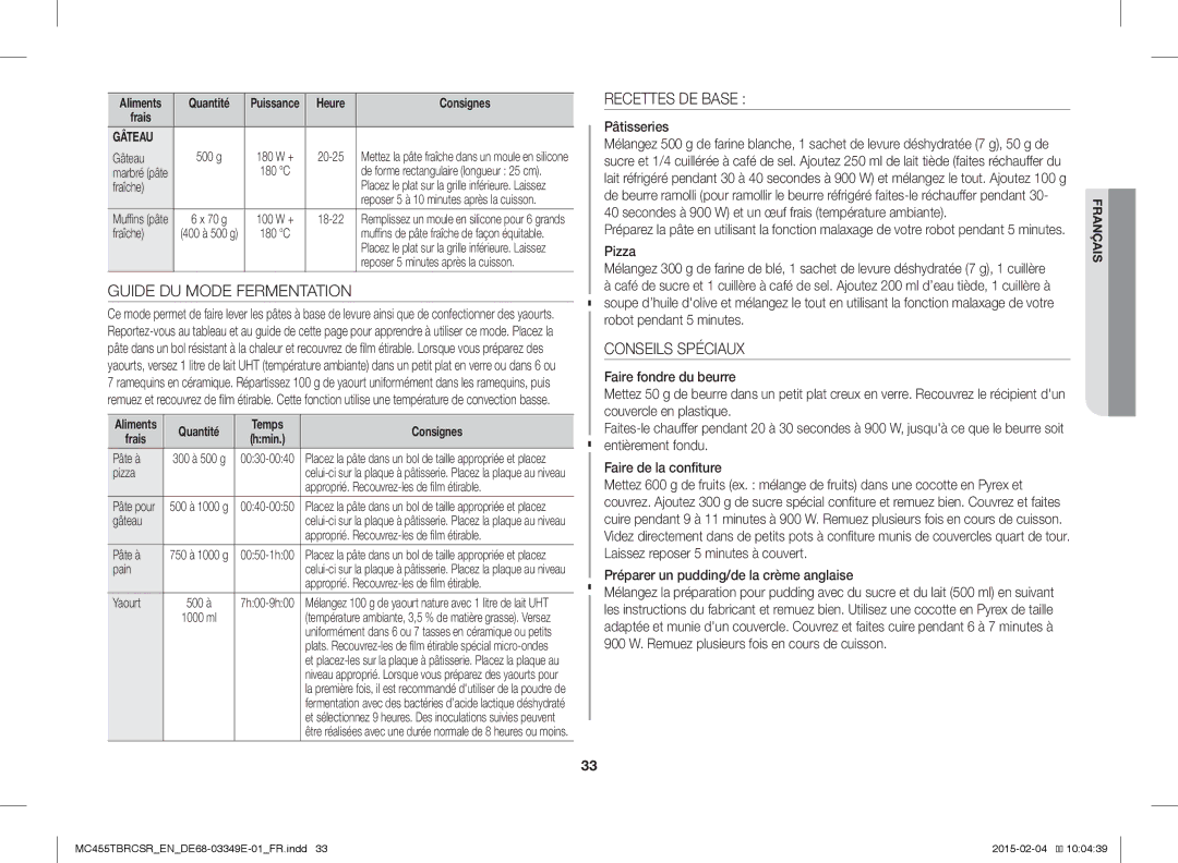 Samsung MC455TBRCSR/EN, MC455TBRCBB/EN manual Guide DU Mode Fermentation, Recettes DE Base, Conseils Spéciaux, Pâtisseries 