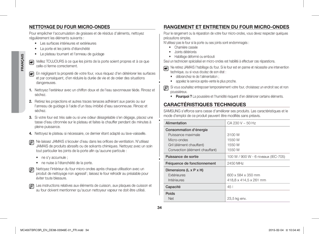 Samsung MC455TBRCBB/EN, MC455TBRCSR/EN manual Nettoyage DU Four MICRO-ONDES, Rangement ET Entretien DU Four MICRO-ONDES 