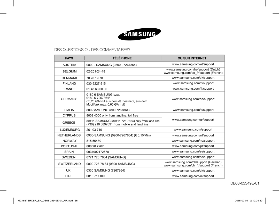 Samsung MC455TBRCBB/EN Samsung 0800, 0180 6 Samsung bzw, 20 €/Anruf aus dem dt. Festnetz, aus dem, 0771 726 7864 Samsung 