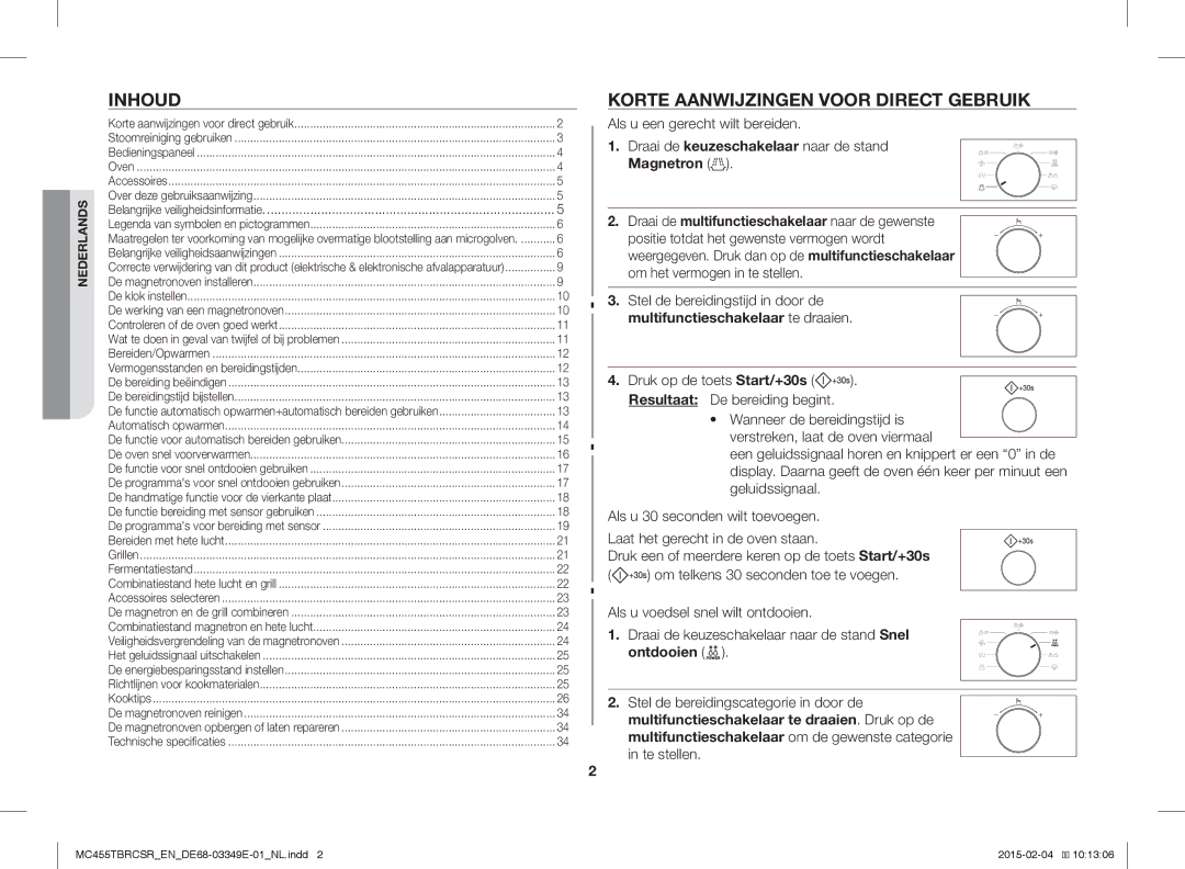 Samsung MC455TBRCBB/EN, MC455TBRCSR/EN Inhoud, Korte Aanwijzingen Voor Direct Gebruik, Als u een gerecht wilt bereiden 
