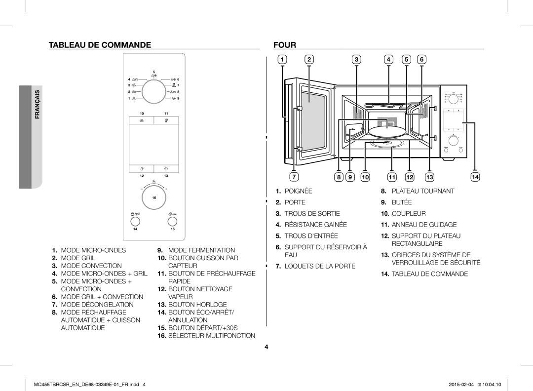 Samsung MC455TBRCBB/EN, MC455TBRCSR/EN manual Tableau DE Commande Four 