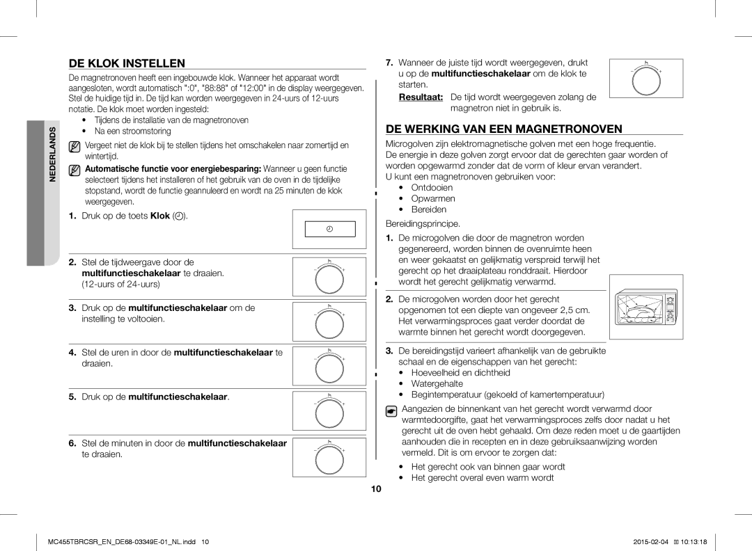 Samsung MC455TBRCBB/EN manual DE Klok Instellen, DE Werking VAN EEN Magnetronoven, Multifunctieschakelaar te draaien 