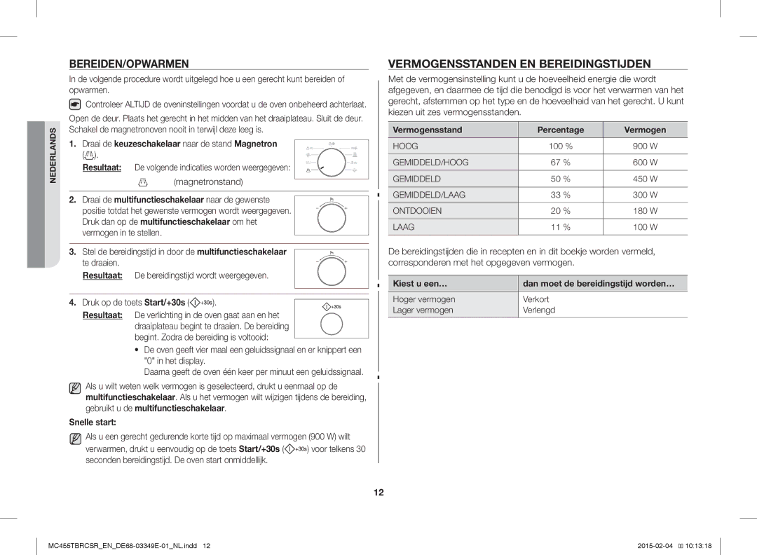 Samsung MC455TBRCBB/EN, MC455TBRCSR/EN Bereiden/Opwarmen, Vermogensstanden EN Bereidingstijden, Het display, Snelle start 