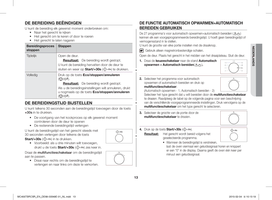 Samsung MC455TBRCSR/EN manual DE Bereiding Beëindigen, DE Bereidingstijd Bijstellen, Bereidingsproces Stappen stoppen 