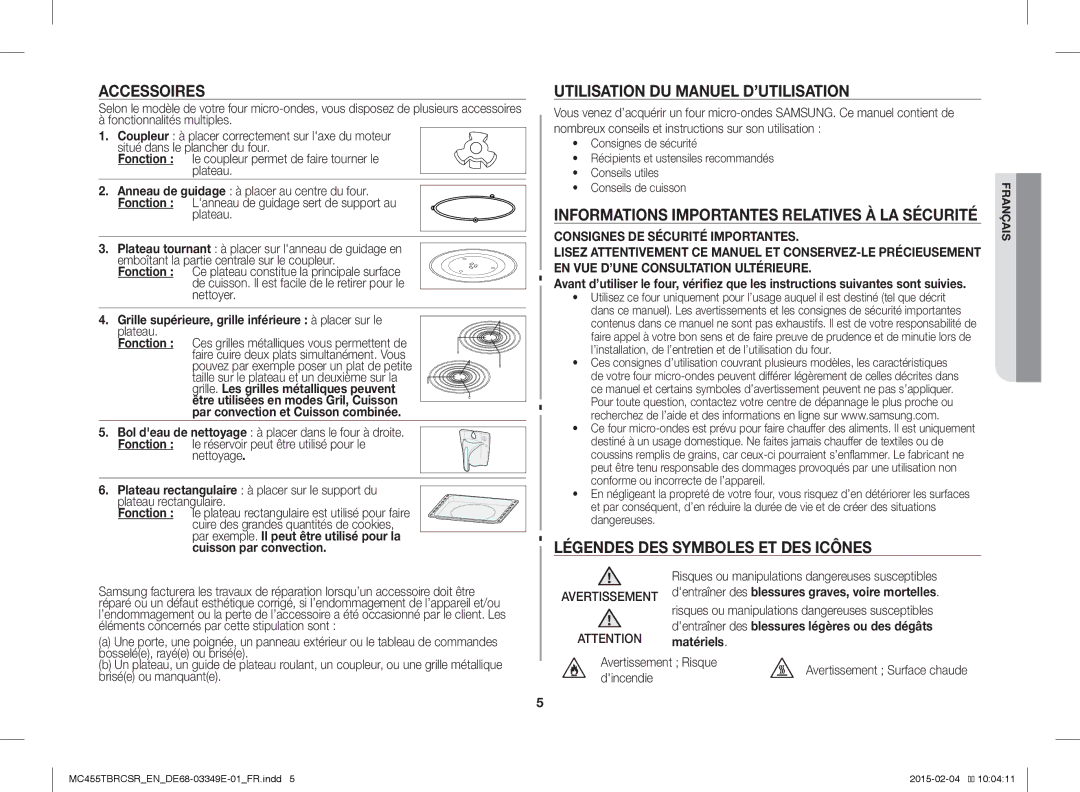 Samsung MC455TBRCSR/EN Accessoires, Utilisation DU Manuel D’UTILISATION, Légendes DES Symboles ET DES Icônes, Matériels 