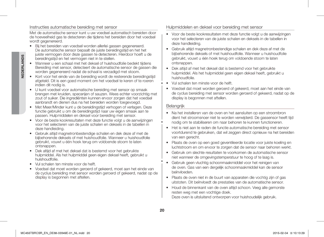 Samsung MC455TBRCBB/EN, MC455TBRCSR/EN manual Instructies automatische bereiding met sensor 