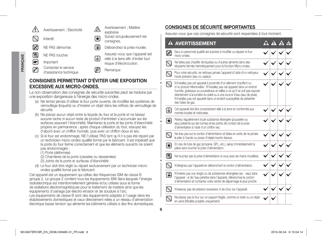 Samsung MC455TBRCBB/EN, MC455TBRCSR/EN Consignes DE Sécurité Importantes, Consignes Permettant D’ÉVITER UNE Exposition 