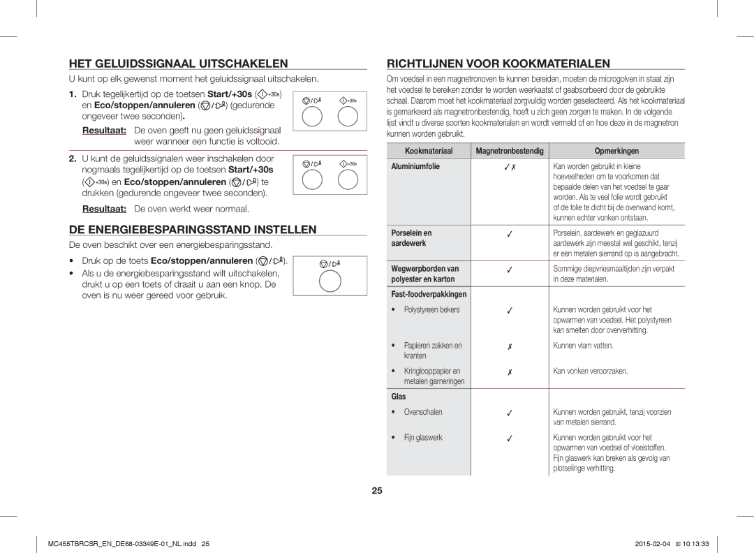 Samsung MC455TBRCSR/EN, MC455TBRCBB/EN manual HET Geluidssignaal Uitschakelen, DE Energiebesparingsstand Instellen 