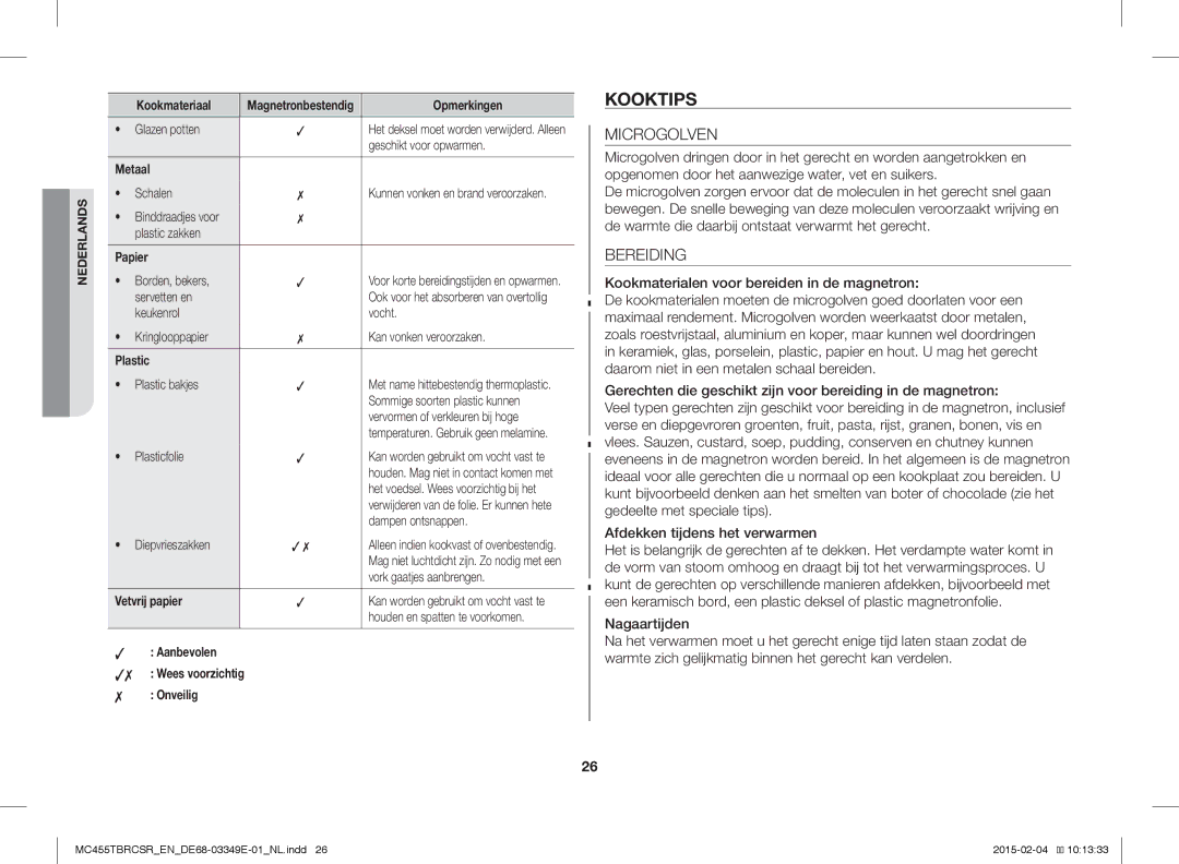 Samsung MC455TBRCBB/EN, MC455TBRCSR/EN manual Kooktips, Microgolven, Bereiding 