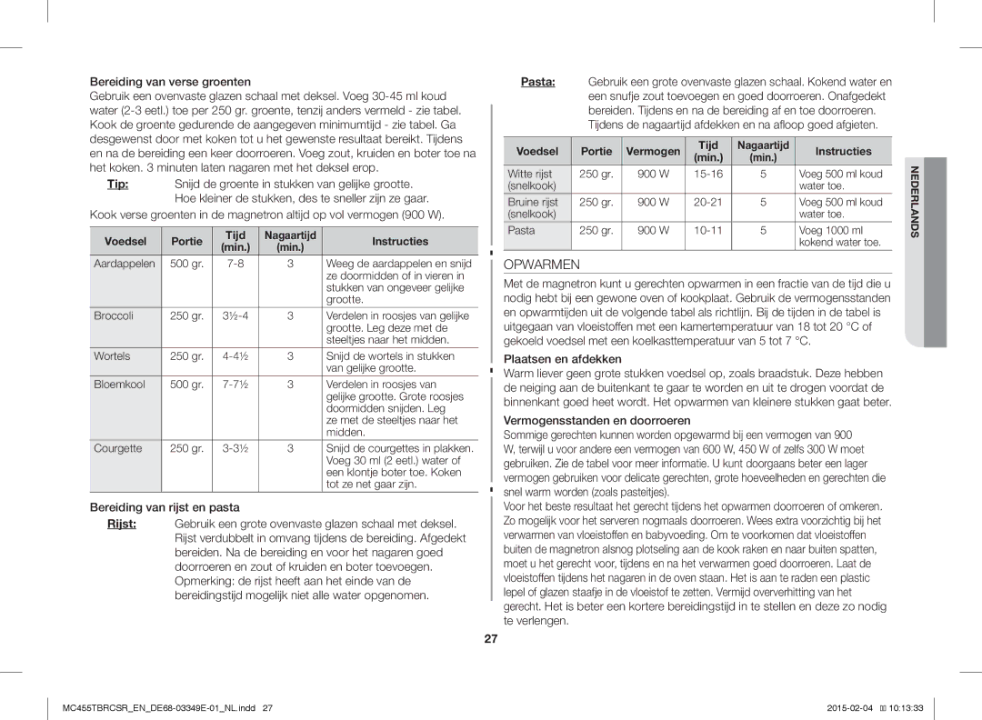 Samsung MC455TBRCSR/EN manual Opwarmen, Bereiding van verse groenten, Plaatsen en afdekken, Vermogensstanden en doorroeren 