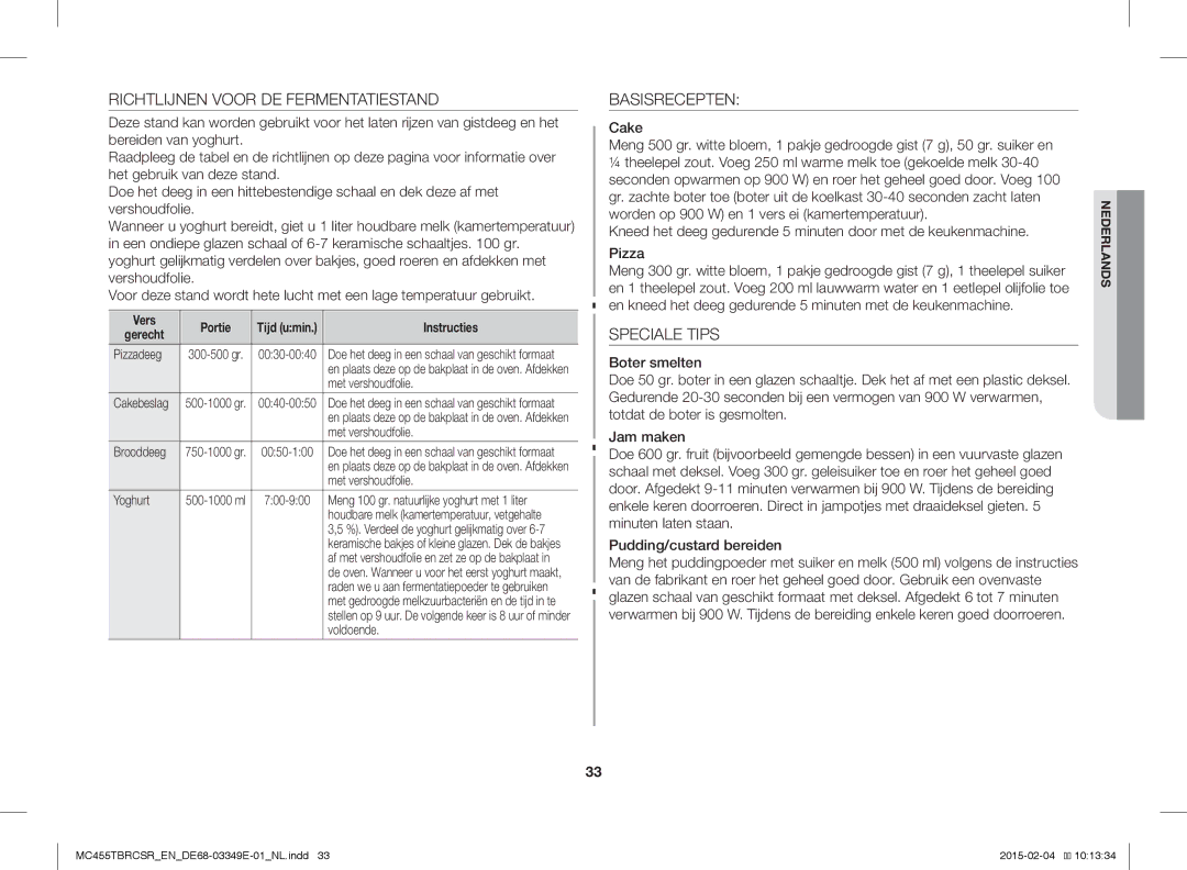 Samsung MC455TBRCSR/EN manual Richtlijnen Voor DE Fermentatiestand, Basisrecepten, Speciale Tips, Vers Portie, Gerecht 
