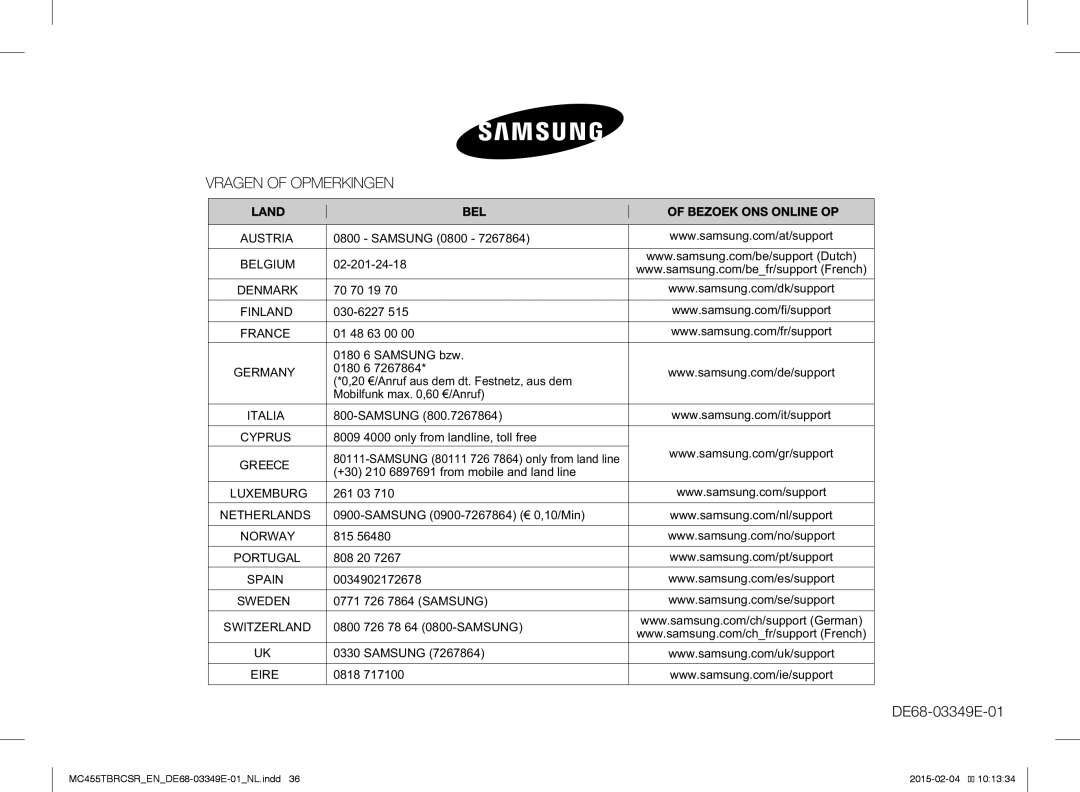 Samsung MC455TBRCBB/EN, MC455TBRCSR/EN manual Samsung 0800, 02-201-24-18 