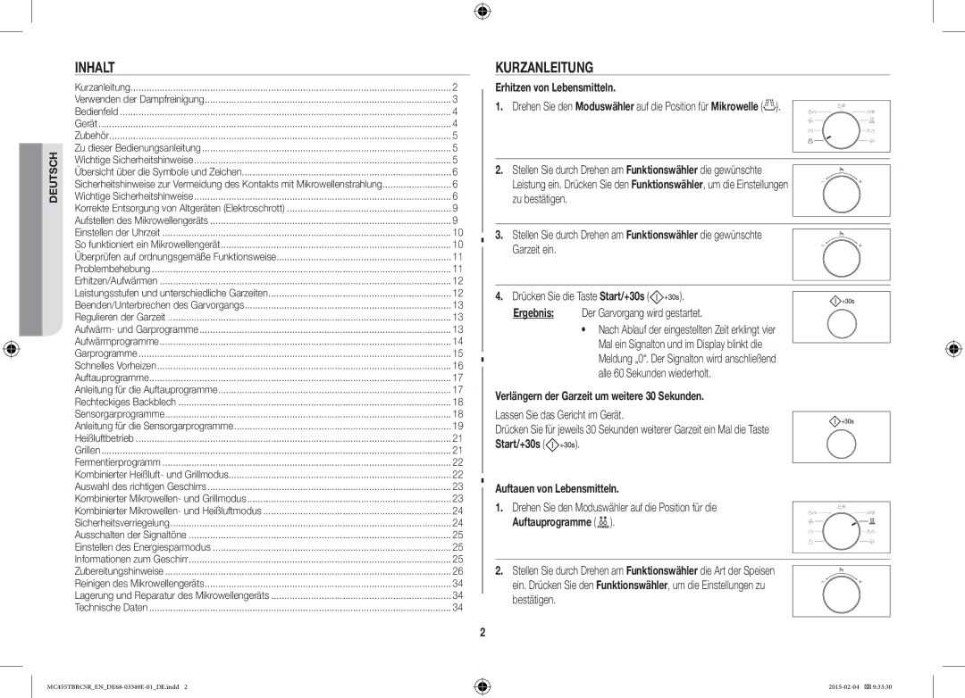 Samsung MC455TBRCBB/EN Inhalt, Kurzanleitung, Erhitzen von Lebensmitteln, Verlängern der Garzeit um weitere 30 Sekunden 