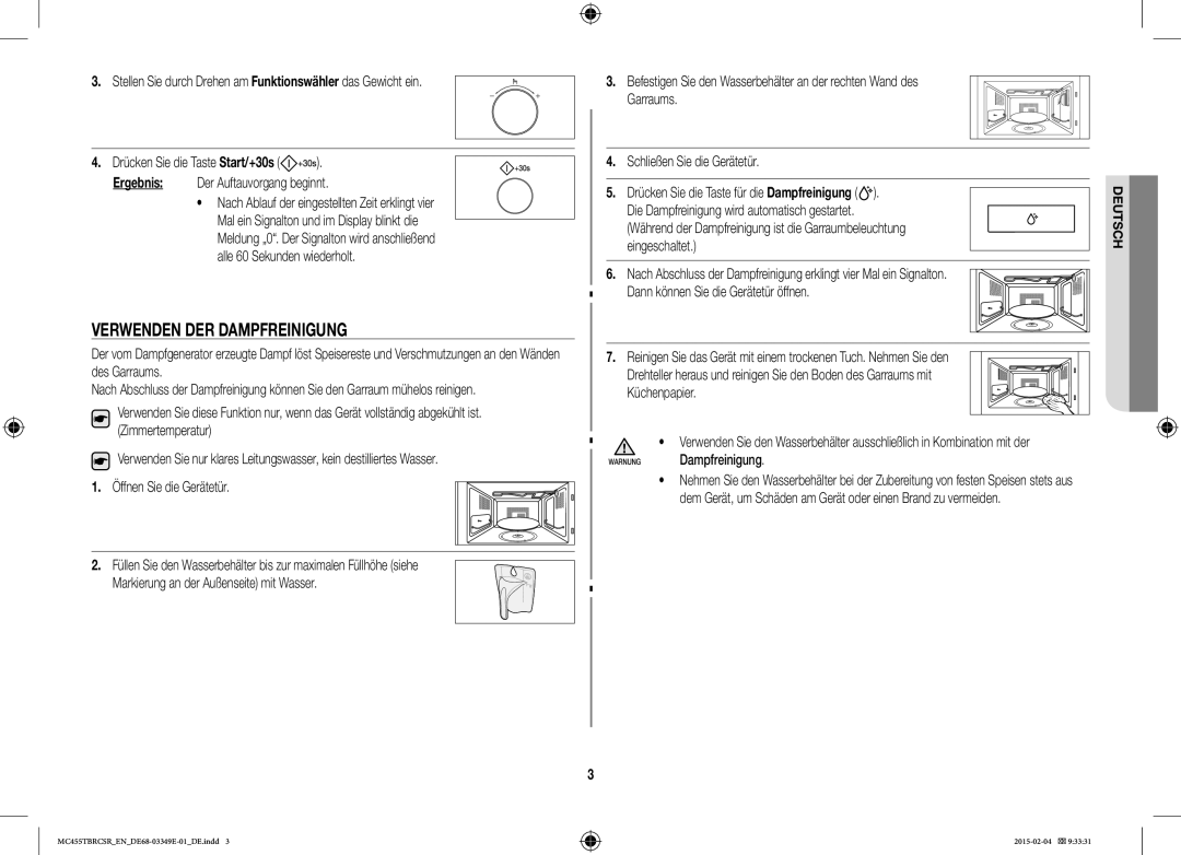 Samsung MC455TBRCSR/EN, MC455TBRCBB/EN manual Verwenden DER Dampfreinigung, Warnung Dampfreinigung 