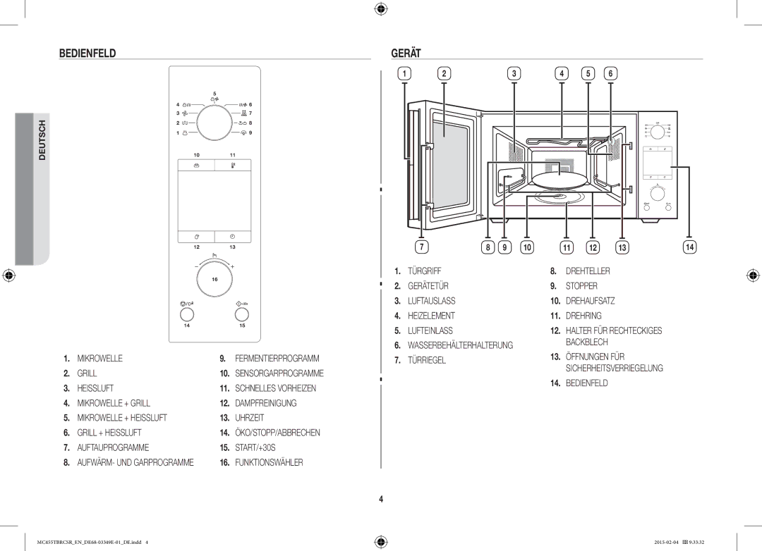 Samsung MC455TBRCBB/EN, MC455TBRCSR/EN manual Bedienfeld, Auftauprogramme START/+30S 