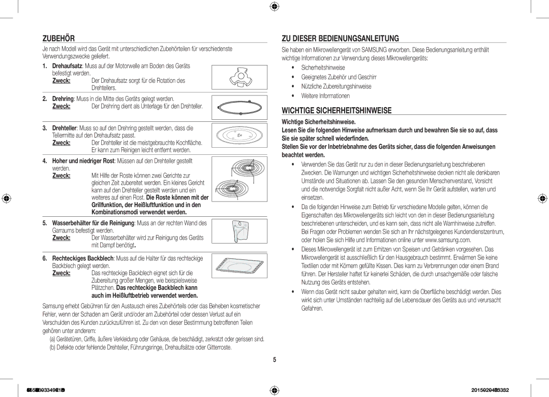 Samsung MC455TBRCSR/EN, MC455TBRCBB/EN manual Zubehör, ZU Dieser Bedienungsanleitung, Wichtige Sicherheitshinweise, Zweck 