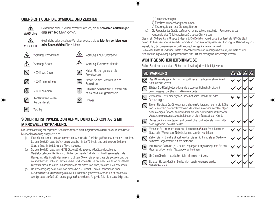 Samsung MC455TBRCBB/EN, MC455TBRCSR/EN manual Übersicht Über DIE Symbole UND Zeichen 