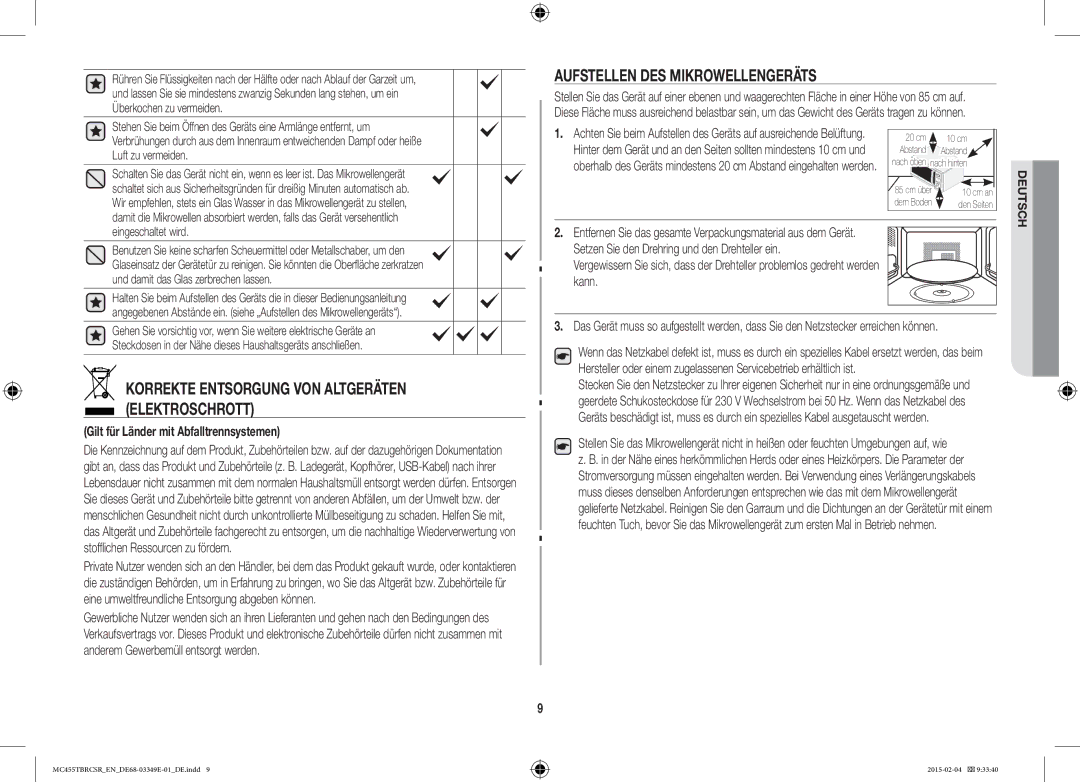 Samsung MC455TBRCSR/EN, MC455TBRCBB/EN Aufstellen DES Mikrowellengeräts, Korrekte Entsorgung VON Altgeräten Elektroschrott 