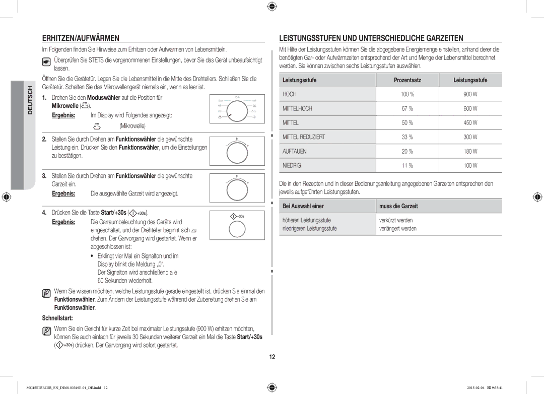 Samsung MC455TBRCBB/EN manual Leistungsstufen UND Unterschiedliche Garzeiten, Schnellstart, Leistungsstufe Prozentsatz 